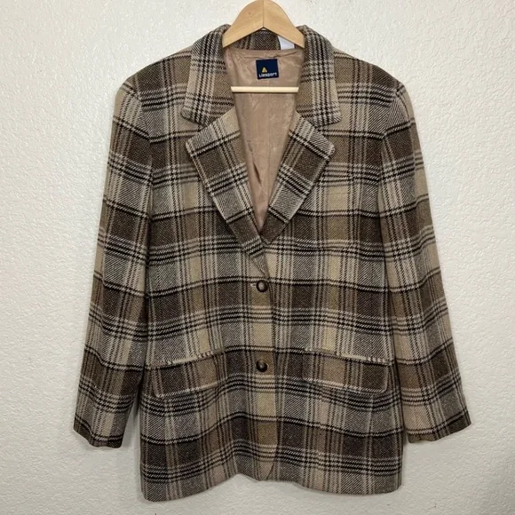 90’s Vintage Liz Claiborne Plaid Structured Wool Blend Blazer Tan Brown Size 12 - Picture 12 of 12